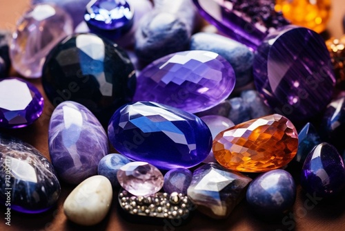 An assortment of sparkling gemstones like amethyst and sapphire. Generative AI