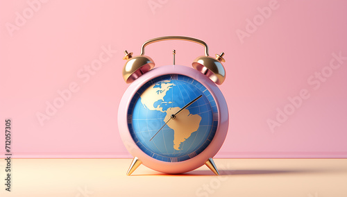 earth clock on pink background, world earth day