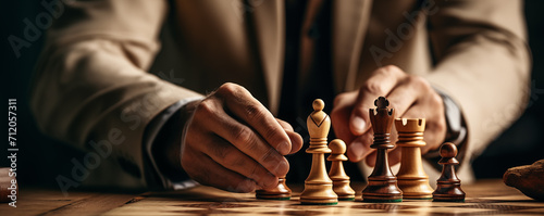 Close-up of a man playing chess. The concept of business strategy.