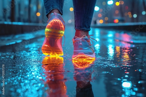 A person wearing colorful glowing running shoes at rain.