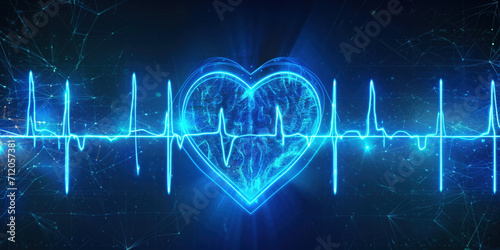 Love beat. Creative Valentine's Day concept. Heart and pulse line on blue background. Heart disease, myocardial infarction, cardiology service banner concept 