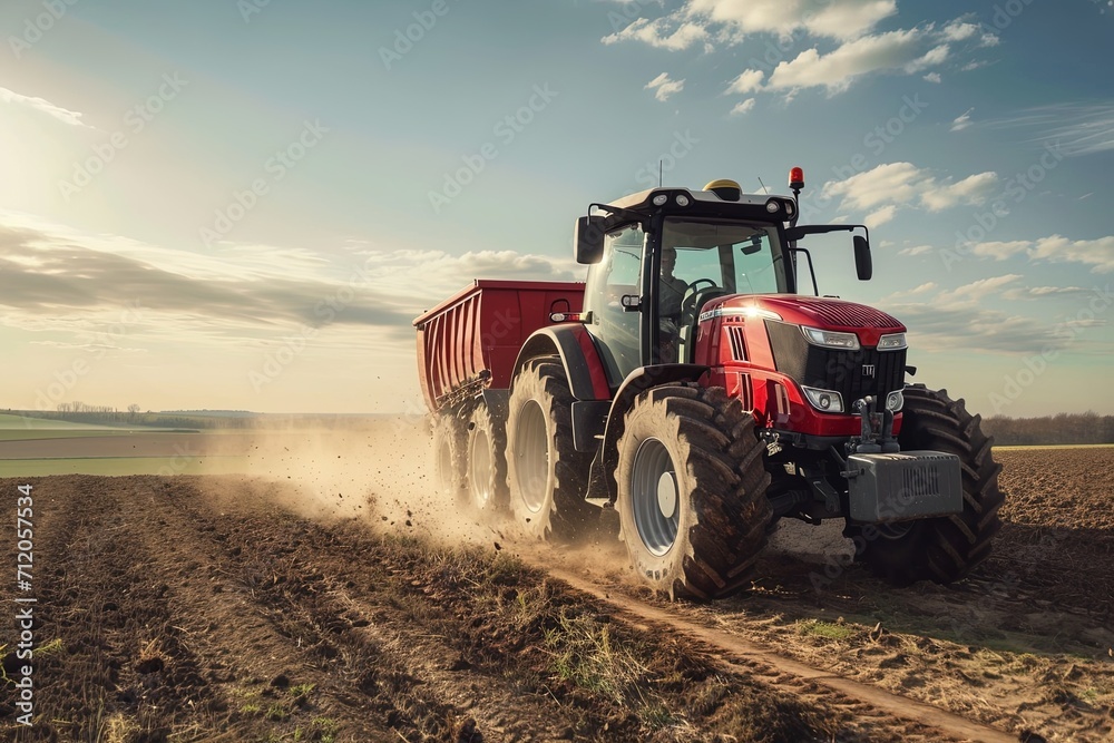 Obraz premium Big tractor on a field in spring.