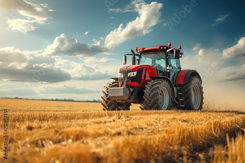 Big tractor on a field in spring.