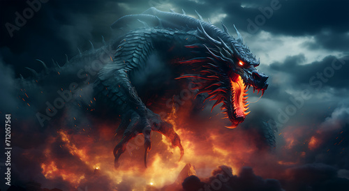 View of a Beautiful Japanese giant dragon breathing fire on a dark background © Baby