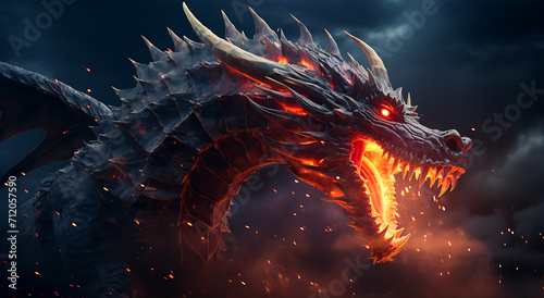 View of a Beautiful Japanese giant dragon breathing fire on a dark background