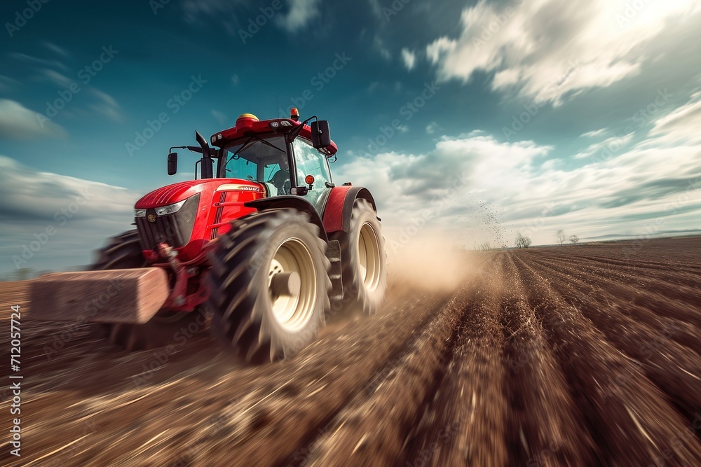 A tractor shuttles through the farmland very fast. A tractor shuttles through the farmland very fast.
