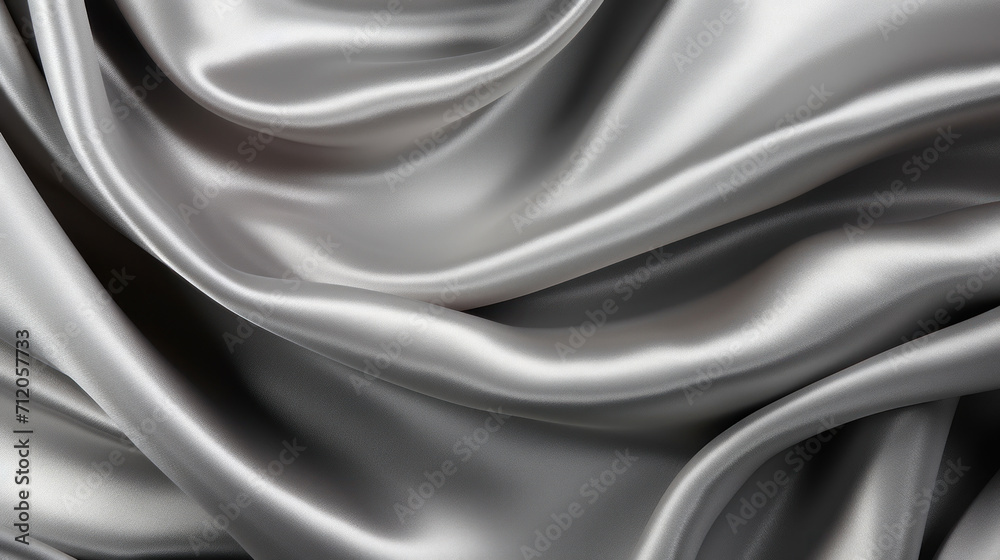 Close-up of luxurious silver satin fabric draping with soft folds, capturing the elegance and smooth texture.
