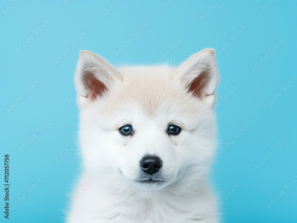 A portrait of an adorable white puppy with a curious gaze, set against a soft blue background, evoking playfulness and innocence.