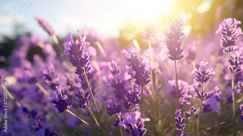 Sunset casting a warm glow over a field of purple lavender, evoking a sense of calm and natural beauty.