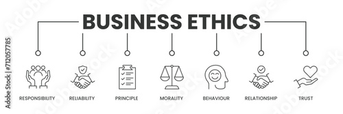 Business Ethics banner with icons. Outline icons of Responsibility, Reliability, Principle, Morality, Behaviour, Relationship, and Trust. Vector Illustration.