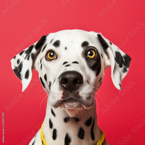 Portrait of a Dalmatian dog with distinctive spots and striking yellow eyes against a vibrant red background. © tashechka