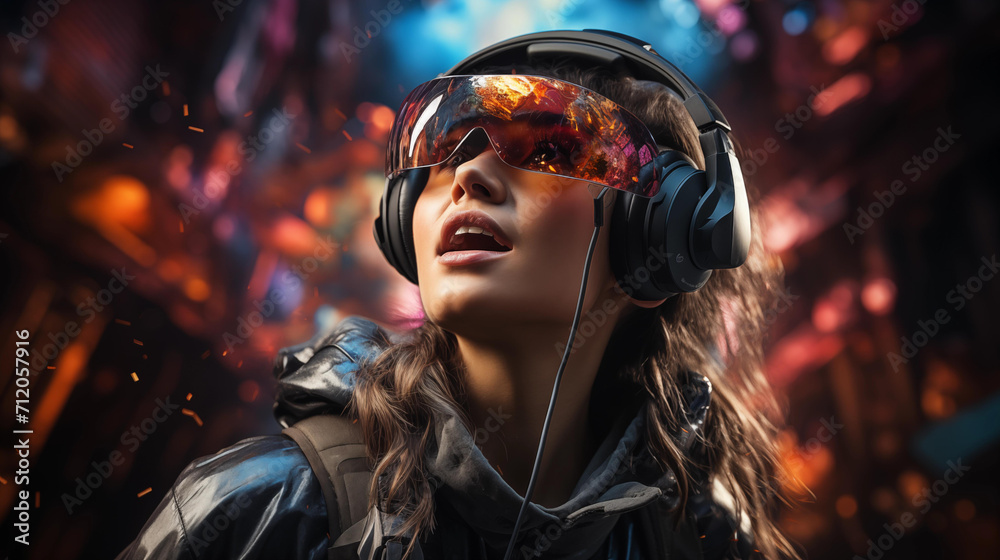 A young woman enjoys a virtual reality simulation, wearing oversized VR goggles and headphones, with vibrant reflections in the lenses. A young woman enjoys a virtual reality simulation, wearing oversized VR goggles and headphones, with vibrant reflections in the lenses.