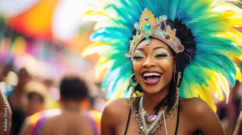 An exuberant carnival dancer caught in a moment of laughter, her colorful feathered headdress a symbol of the festival's spirited essence.