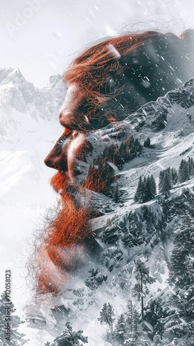 Double exposure of red bearded man and mountains with forest at winter.