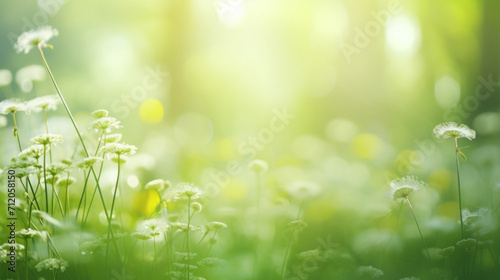 Sunlight filters through a meadow dotted with wildflowers, creating a dreamlike ambiance in a tranquil natural setting.