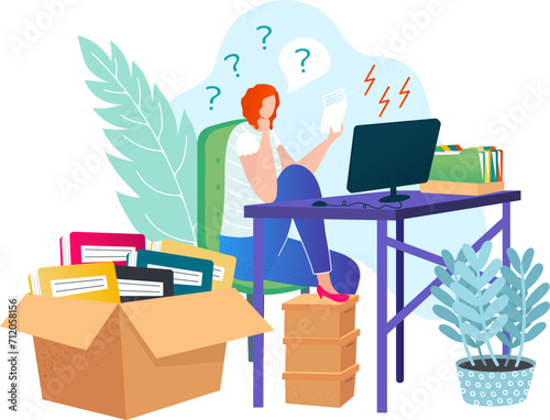 Woman overwhelmed with work, stress at cluttered desk, boxes of books, confusion and deadlines. Office chaos, workload and tired employee vector illustration.
