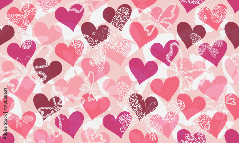Vector seamless valentines pattern with pink hearts and white dotty butterflies in doodle style on a gentle rose background Vector seamless valentines pattern with pink hearts and white dotty butterflies in doodle style on a gentle rose background