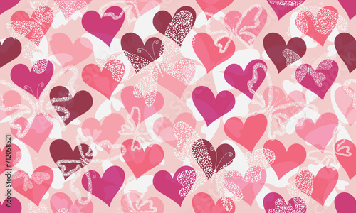 Vector seamless valentines pattern with pink hearts and white dotty butterflies in doodle style on a gentle rose background