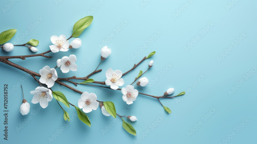 Beautiful spring cherry blossoms arranged on branches against a serene blue background, symbolizing renewal. Beautiful spring cherry blossoms arranged on branches against a serene blue background, symbolizing renewal.