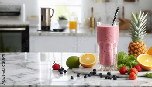 Delicious fresh smoothie and ingredients on white marble table in kitchen with space for text