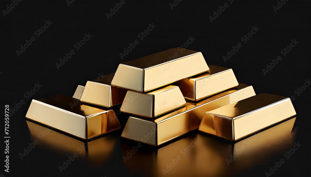 Many shiny gold bars on black background