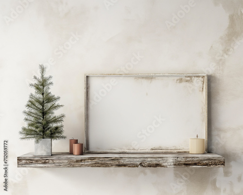 mockup empty, black horizontal blank poster frame hanging on cream-colored shiplap wall next to a Christmas tree