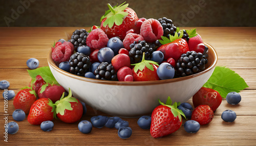 Mix of different fresh berries in bowl on wooden table