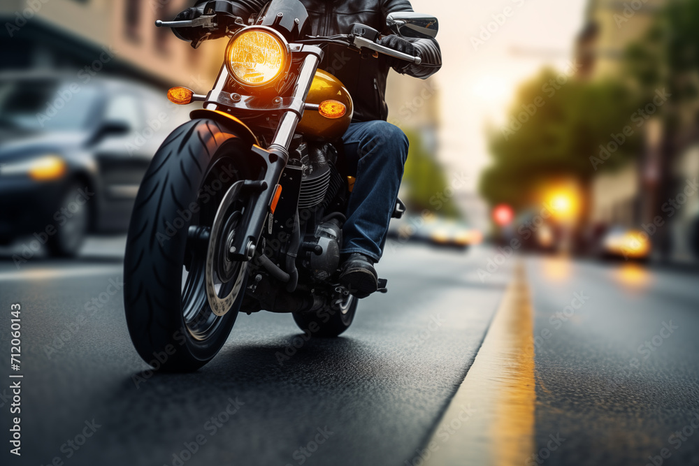 Motorcyclist riding a motorbike on the road in the city Motorcyclist riding a motorbike on the road in the city