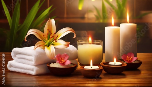 Spa composition with burning candles  lily flower and towels on wooden table in wellness center