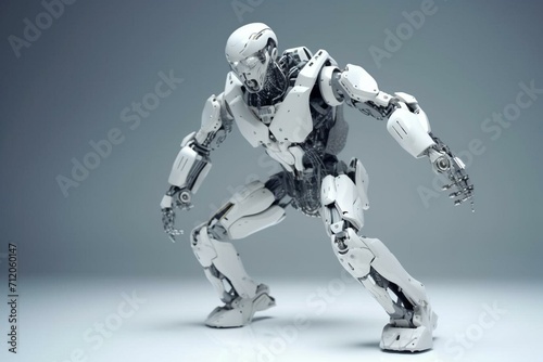 Dynamic robot striking pose on clean backdrop. Generative AI