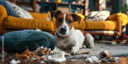 Dog behavior training concept. Naughty dog looking into camera innocently lying on floor made a mess being with owners at home alone in the living room	 photo