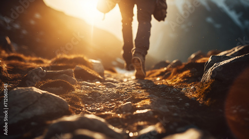 mountain hiking, lens flare shallow depth of field photo