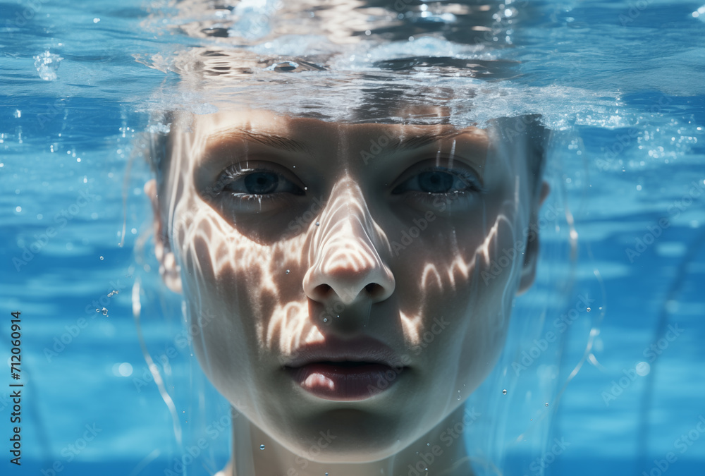Fototapeta premium Close-up portrait of a young woman underwater in the pool