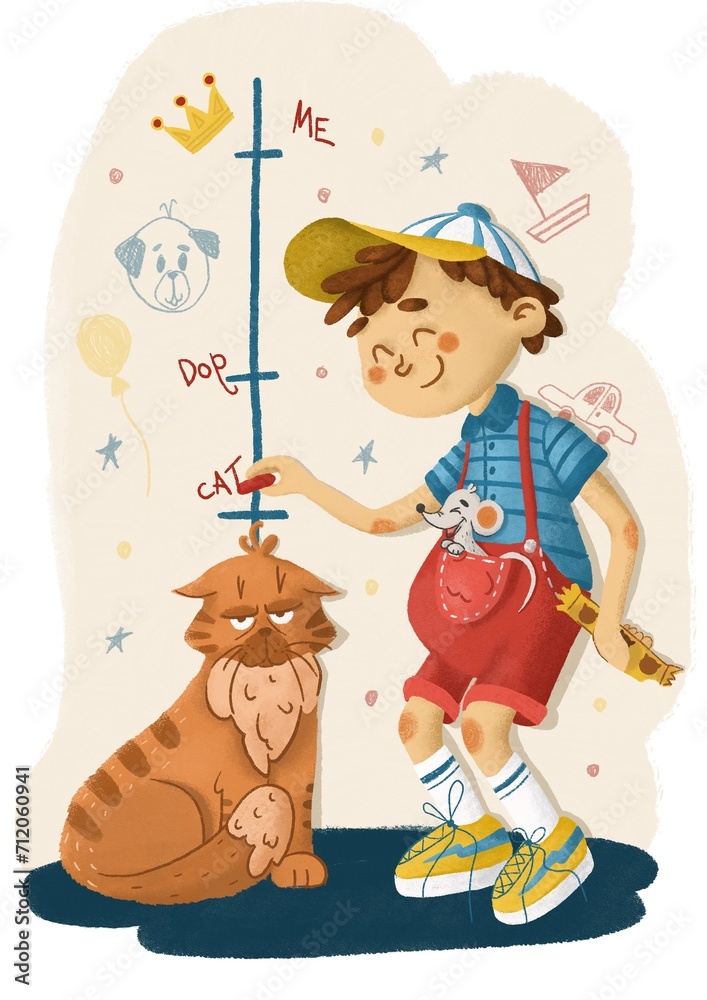 Cute boy is measuring a cat’s height Cute boy is measuring a cat’s height