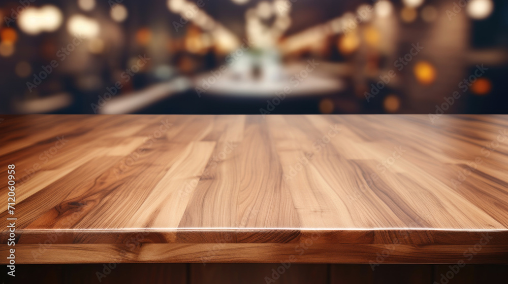 High-quality wooden table top with a warm, inviting blurred bar and bokeh light background. - obrazy, fototapety, plakaty 