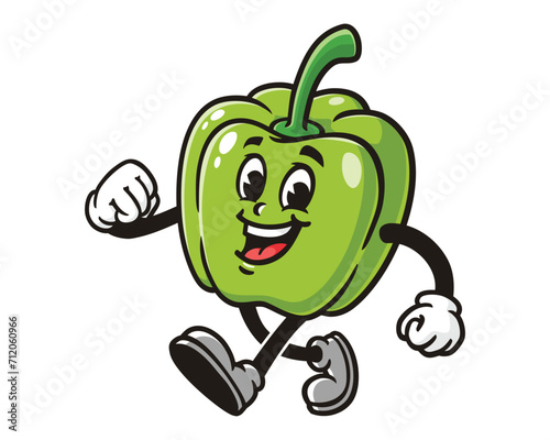 walking green Paprika bell pepper cartoon mascot illustration character vector clip art logo hand drawn