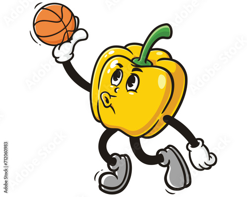 Paprika bell pepper playing slam dunk basketball cartoon mascot illustration character vector clip art logo hand drawn
