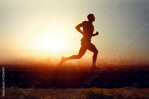 Runner athlete running at sunset. man fitness jogging workout wellness concept photo