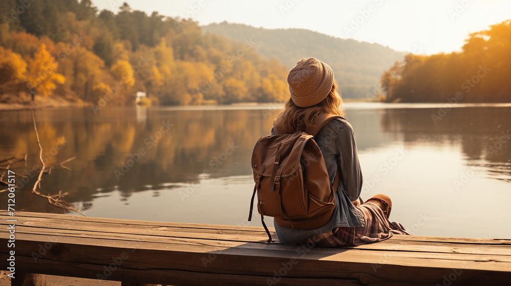 traveler with backpack relaxing by autumn river at sunrise