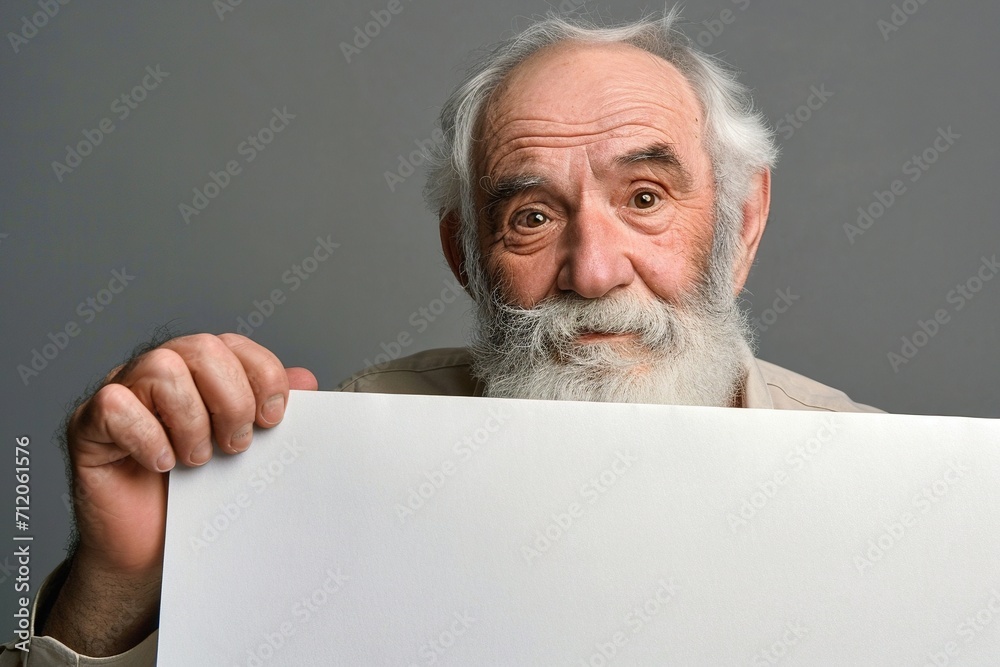 Old man holding blank white banner sign. Old man holding blank white banner sign.