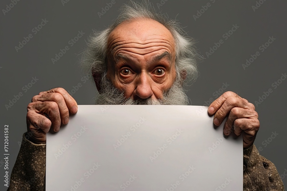 Old man holding blank white banner sign. Old man holding blank white banner sign.