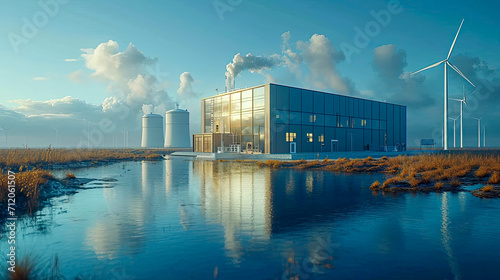 Power plant with wind turbines in the background