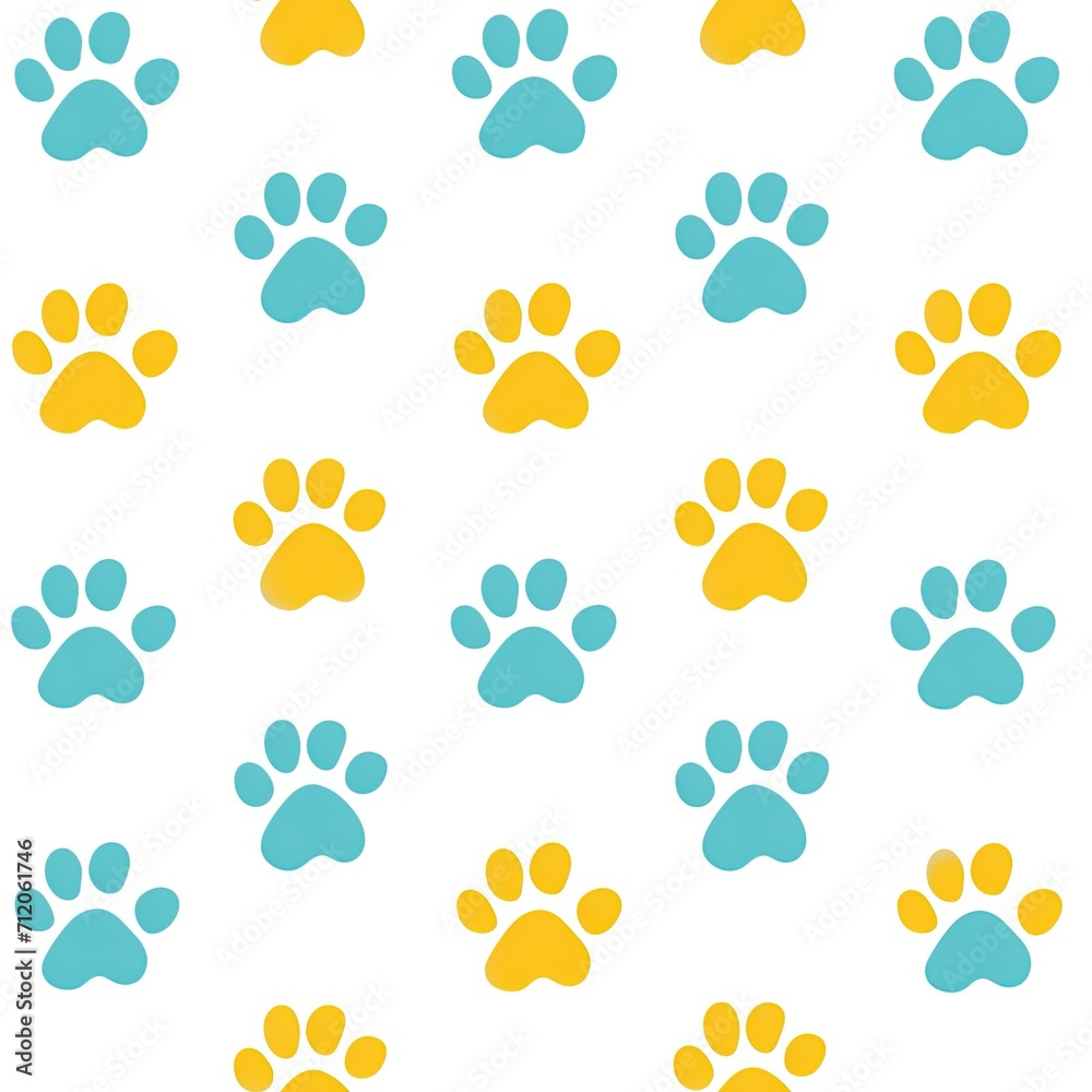 Fototapeta premium Blue and yellow cat paw print pattern.