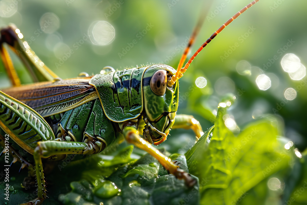 Fototapeta premium Close up of grasshopper on green leaf background.