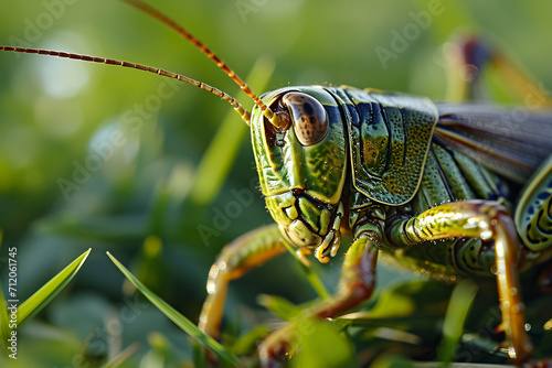 Close up of grasshopper on green leaf background. © wildarun