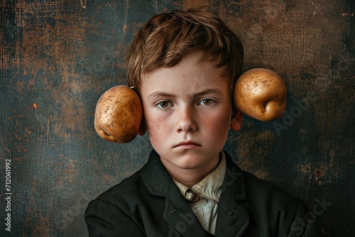 Boy with growing potatoes in his ears.