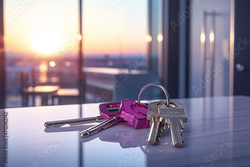 Key ring on the table in front of the window. 3d rendering photo