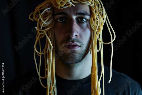 Man with noodles hanging on his ears. photo
