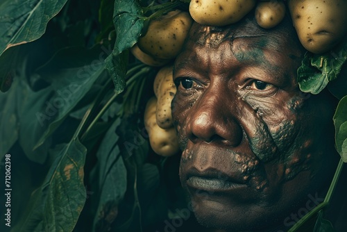 Man with growing potatoes in his ears. photo