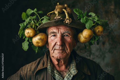 Man with growing potatoes in his ears. photo